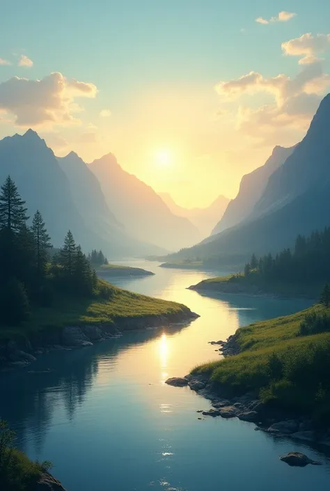 A breathtaking landscape at dawn, with mountains in the background and a peaceful river reflecting the soft light of the rising sun. A winding path stretches towards the horizon, symbolizing the journey of growth and overcoming. In the sky, inspiring words...