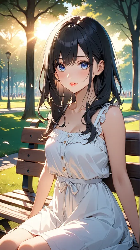 (masterpiece, Best Quality:1.2), Illustration, anime, (Wide Shot), Model shoot, One girl, (Under the arms), Long black hair, Pretty lips, Beautiful Face, beautiful eyes, White sundress, Backlight, Vibrant colors, evening, 8k, Ultra HD,「Evening in the park」...