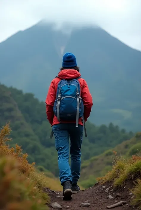 Real human photo, shot from back over the shoulder full body, a wman hiking at the track of mount Semeru Indonesia, she is wearing a plain  red winter jacket, blue beannie, blue cargo pant, black mountain shoes, short  black hair, medium body,  she is carr...