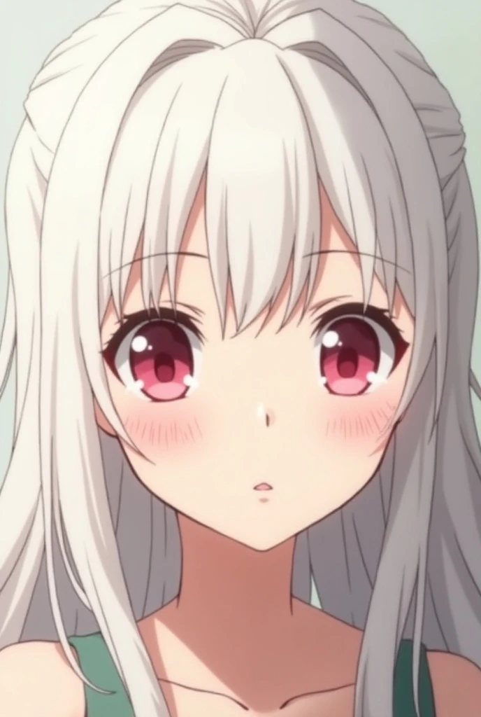  Screenshot of Boku no Hero 
Girl with güera skin,long, slightly wavy hair ,white color.
Ruby eyes a little big and thin
Tender teen


