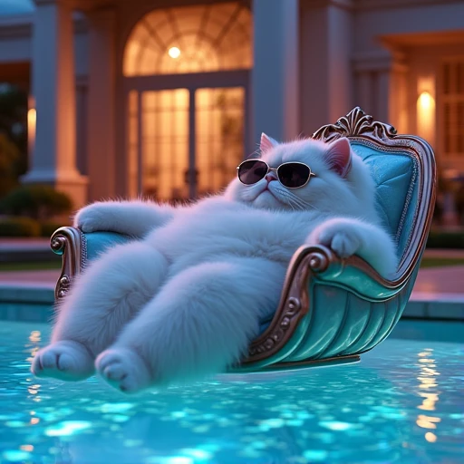 A fat white cat wearing rich sunglasses lies on a large, instagrammable vinyl chair floating in the pool in a flashy illuminated night pool in a luxurious mansion with a pool