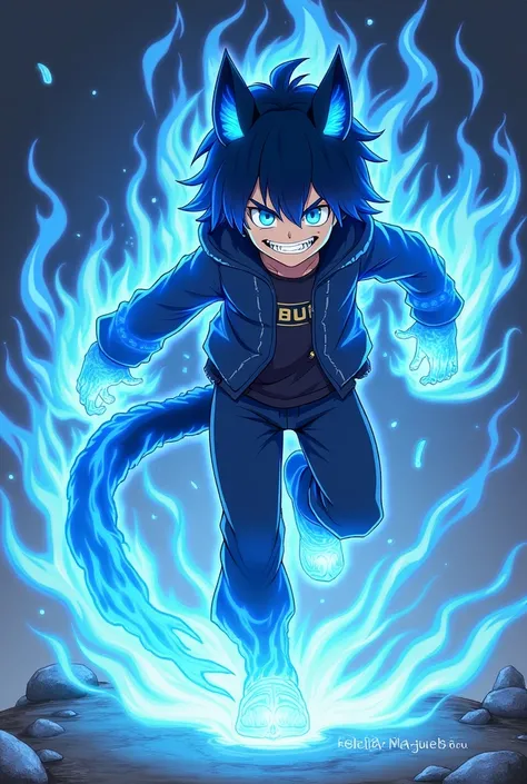 Create a character from the anime manga and a boy who has the power of yokai nekomata that is yokai cat tail 2 with half of his body shrouded in blue fire power and a face in the mouth there is a cool skull mouth shape with blue fire and has high speed pow...