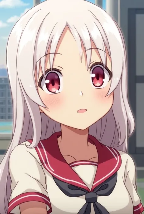  Screenshot of Boku no Hero 
Girl with güera skin,long, slightly wavy hair ,white color.
 Ruby eyes a little big and thin 


