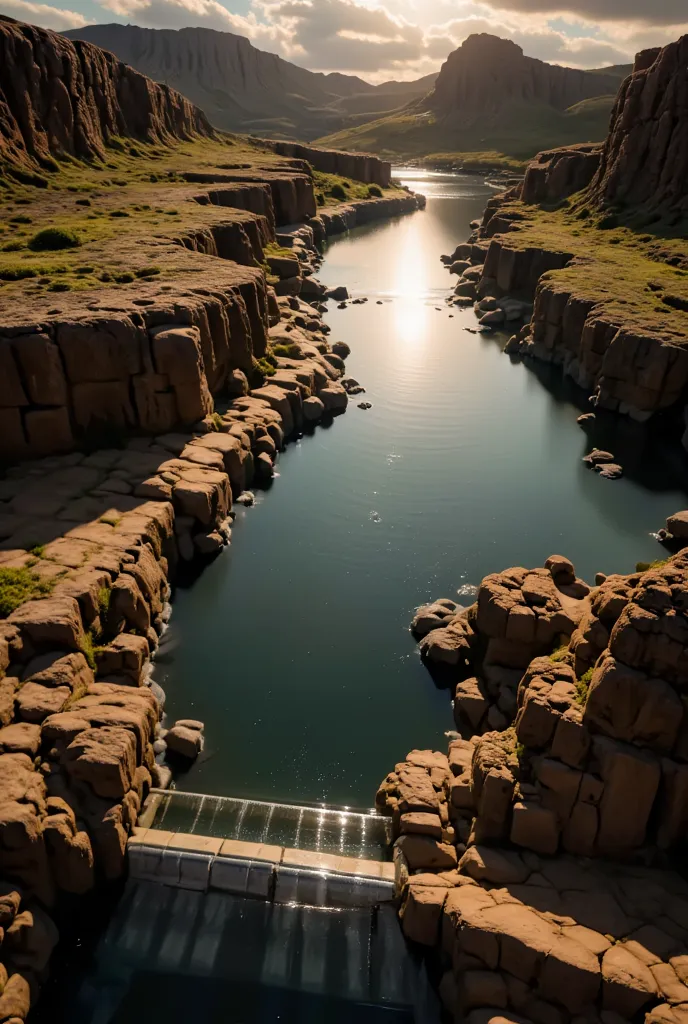 a breathtaking landscape at dawn, with mountains in the background and a peaceful river reflecting the soft light of the rising ...