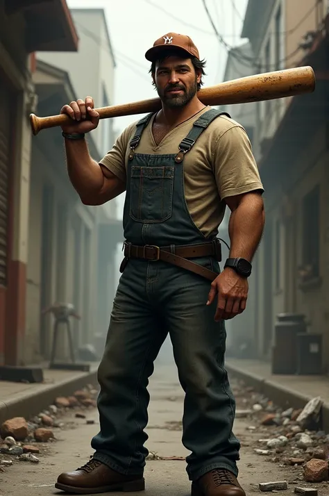 Imagine Ellis from L4D2 holding a baseball bat on his back