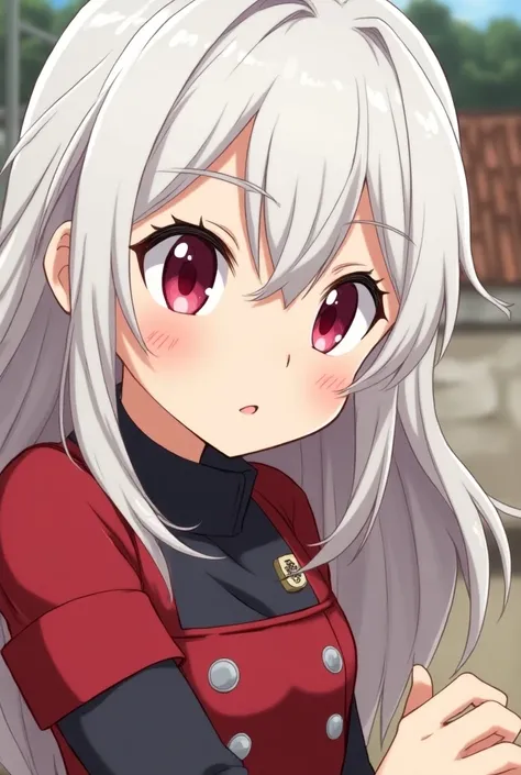  Screenshot of Boku no Hero 
Girl with güera skin,long, slightly wavy hair ,white color.
 Ruby eyes a little big and thin 


