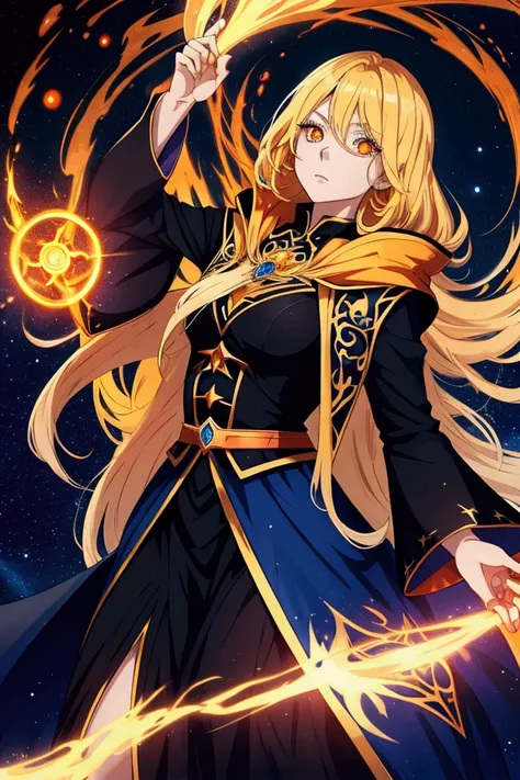 wizard woman, have power like majesty god in anime, orange eye color , blonde hair , black clothes and blue cape