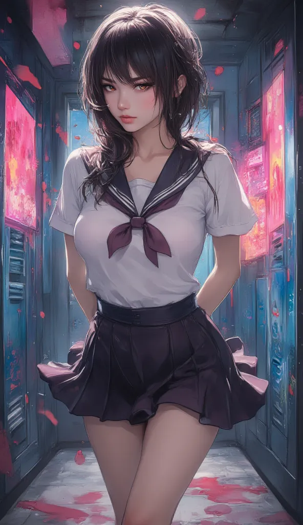 one girl、uniform　sexy　erotic　black hair　mini skirt　student uniform　sailor suit, excellent anatomy, masterpiece, highest quality,...