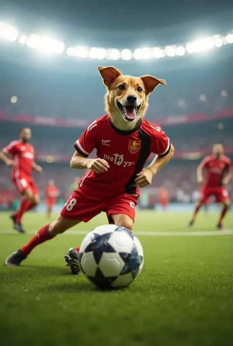 I want you to take a picture of a dog playing soccer and scoring a goal the dog is on the Flamengo team and Flamengo is winning 3-1 against Corinthians