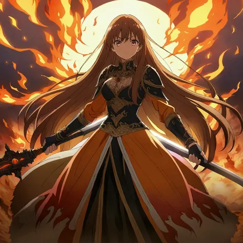 anime, long-haired warrior , holding a flaming sword,  with a background colored in red ,orange and yellow,  as if it were a gale of flames .anime, with many details 
