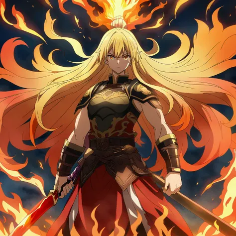 anime, long-haired warrior , holding a flaming sword,  with a background colored in red ,orange and yellow,  as if it were a gale of flames .anime, with many details 
