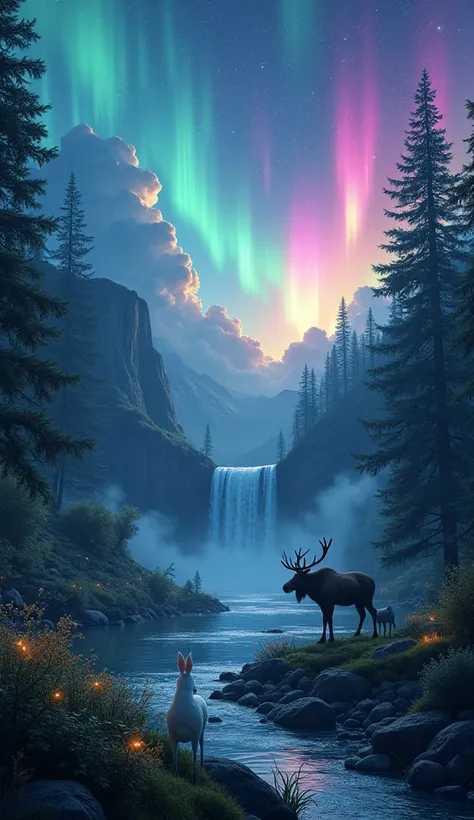 masterpiece, best quality, high quality, cg, 8k, scenery, night, sky, clouds, no man ,lush forest, beautiful waterfall, rainbow, fantasy image, firefly, moonlight, aurora, tree, black snake on tree, apple herd, moose, albino deer, white rabbit,