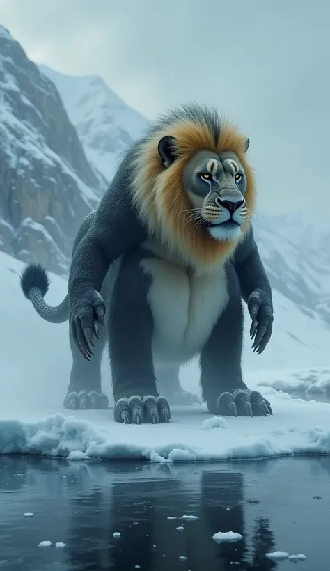 Lion-penguin hybrid monster, a powerful fusion of lion and penguin features, standing menacingly on the icy edge of a frozen lake in a desolate tundra, the creature has a robust and muscular lion body, covered in thick black and white penguin feathers, cha...