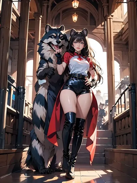 Rapha,  raccoon ears, Raccoon girl,  animal ears , Long Hair, Brown Hair, raccoon Tail, Tail, Gloves, brown Gloves, belt,  knee-high boots, Thigh length,  Absolute territory,  red ribbon, masterpiece, Best Quality, Alone,  Movie Lighting,  viewers, full bo...