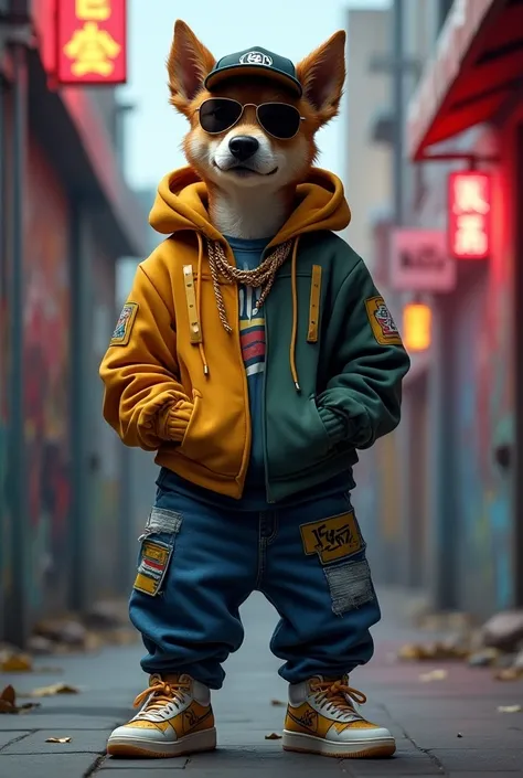 Dog in hip hop clothes