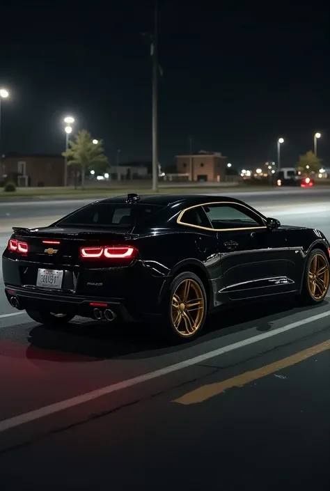 It generates a piano black , with gold-colored tires in their entirety . It has to be a Chevrolet brand with 4 doors and a sports-car-style spoiler but not very fantastic city car.  and with a night background seen from the side . all this framed in a smal...