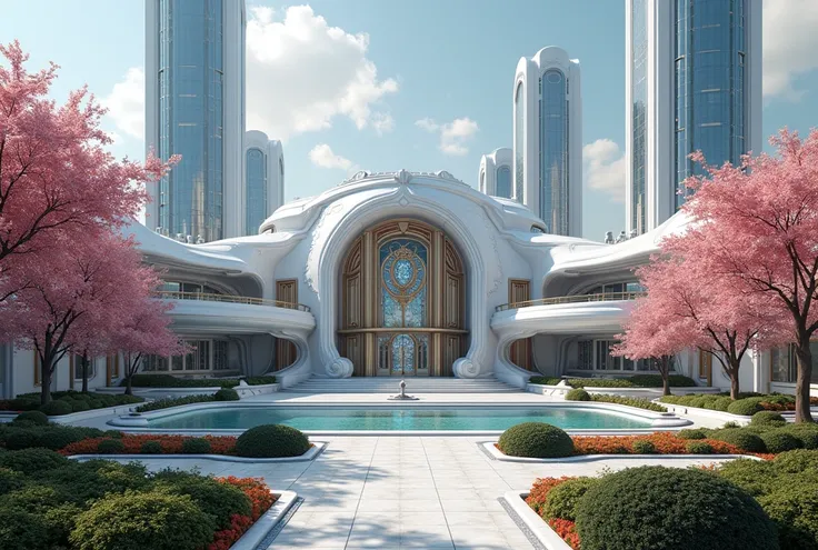  A stunningly decorated mansion , with a garden with pink trees ,  this mansion is located in a cyberpunk city with chic white buildings 