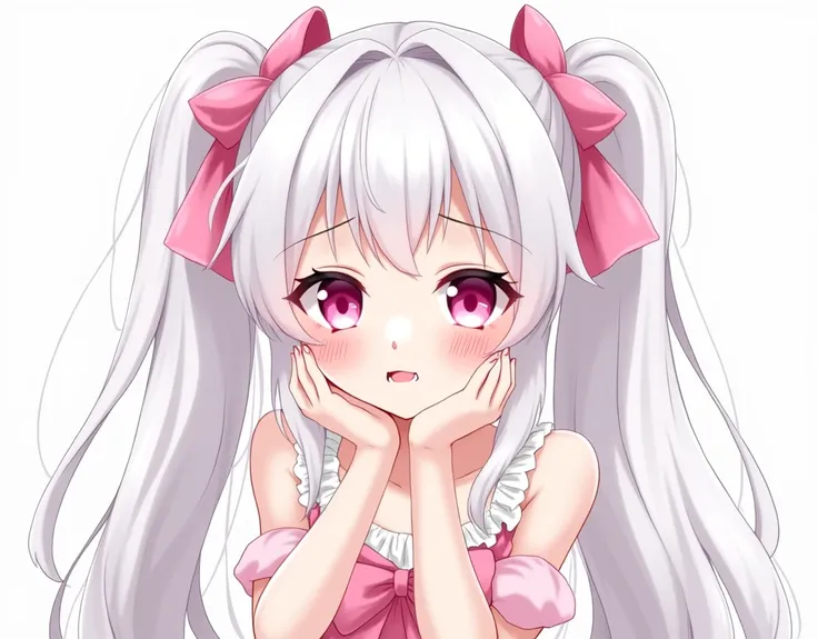 one girl, very beautiful face, beautiful eyes, pink eyes, detailed eyes, detailed face, detailed hair, masterpiece, anime girl, pink eyes, white hair , kawaii, two pony tails, twin tails, hair ribbons, young adult, big boobs, pixiv, illustration, very high...