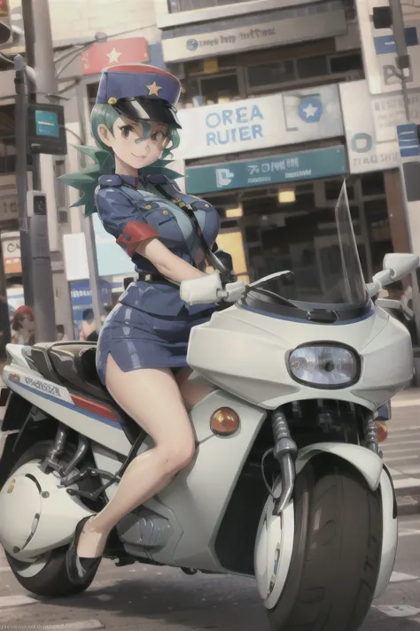 (masterpiece, best quality:1.2) officer jenny, pokemon, 1girl, solo, long hair, breasts, looking at viewer, smile, red eyes, gre...