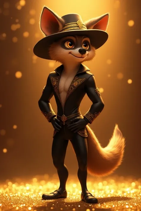  Tall hyena wearing a black dancers costume and a hat with gold details, smiling in the middle of a room with golden glitter ,  Animated Style ,  anime style