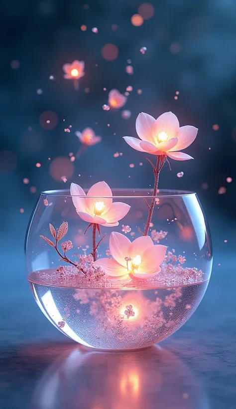 a miracle splashes inside the liquid bowl-shaped object, hyperrealism, bouquet+drops, luminous gradient effect, weightlessness, flying soaring composition