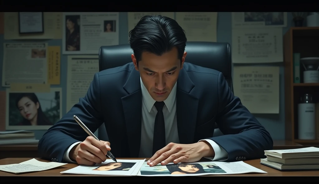 A serious-looking Japanese man in his mid-40s with short hair, strong facial features, and sharp eyes, wearing a suit, sitting at his desk in a dark room. On the desk are photos and documents of a beautiful Japanese woman with long black hair and fair skin...