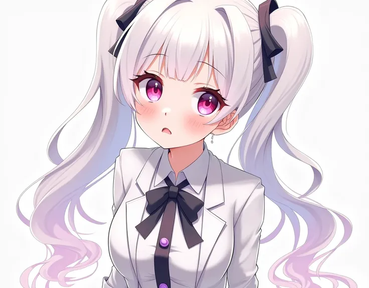 one girl, very beautiful face, beautiful eyes, pink eyes, detailed eyes, detailed face, detailed hair, masterpiece, anime girl, pink eyes, white hair , kawaii, two pony tails, twin tails, hair ribbons, young adult, big boobs, pixiv, illustration, very high...