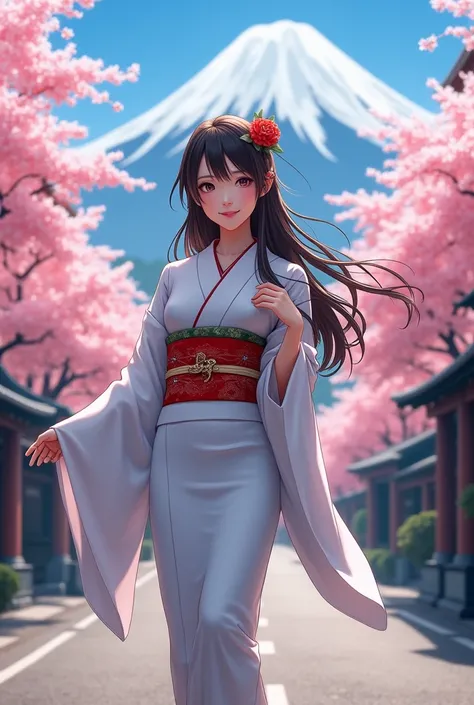 A full body image of a beautiful Japanese Geisha, 24 years old, sharp eyes, medium breasts, long brown hair, original white kimono dress and costumes, big smile looking at camera. She walks in ancient Japanese town with full of sakura trees along the road,...