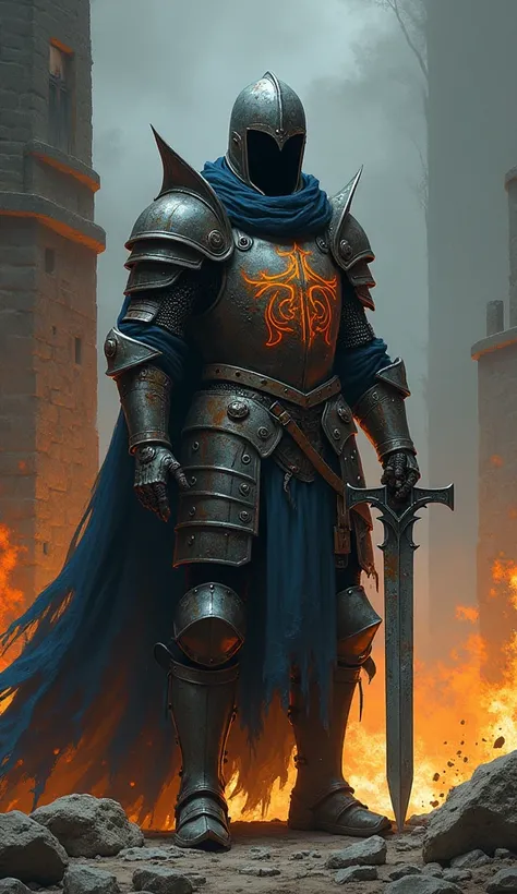 A grim, battle-worn knight in corroded armor, his face obscured by a menacing helmet. Ancient, glowing runes are etched into his rusted breastplate, pulsating with eerie blue light. His shattered sword hangs loosely in one hand, while his torn cape flutter...