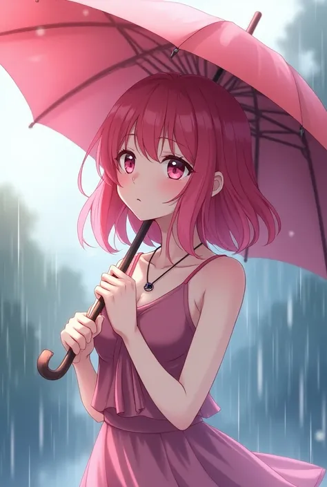 Anime style, girl brought umbrella , look like , hair colour pink