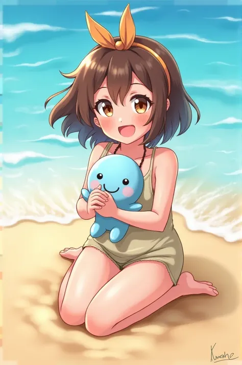   ,  brown hair,  brown eyes, Happy with Stitch on the beach