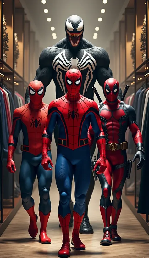 a highly detailed illustration of three superheroes, spiderman, venom, and deadpool, walking into a clothes shop, hyperrealistic, 8k, photorealistic, incredibly detailed facial features and expressions, vivid colors, dramatic lighting, intricate textures, ...