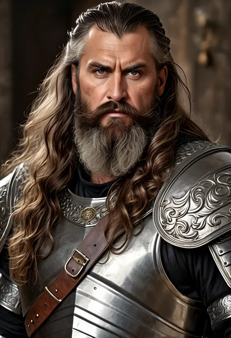 Badass magnificent and Regal demeanor, rough and rugged allure, soulful and alluring eyes, long wavy ash brown hair there is a man with a long beard wearing Dr Dooms armor, (8k, best quality, masterpiece:1.4), (realistic, photo-realistic:1.5), detailed ski...