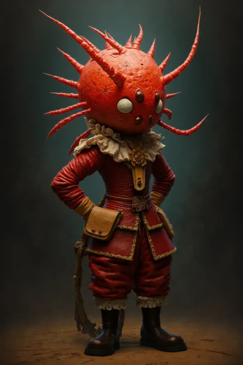 generate images of kawaii chibi character of (lobster head) zany scarecrow with a horror fantasy theme,(hands on hips:1.5),clothes must be highly intricate rococo style , elegant, and visually striking, highly detailed leather boots, resembling digital pai...