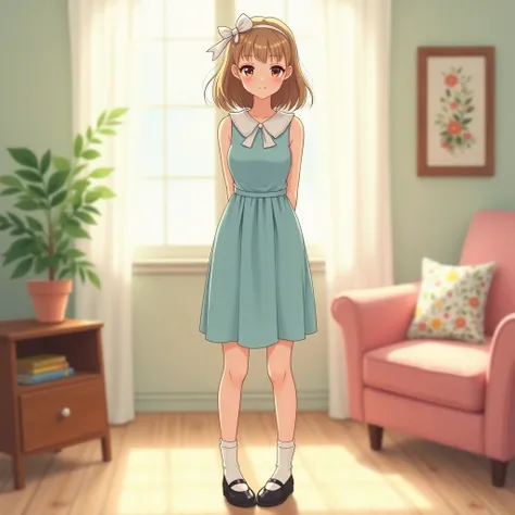 anime, Illustration, anime screenshot, female, young adult woman, woman in early 20s, pastel blue dress, simple clean sleeveless dress, white collars, peter pan collars, light brown hair, shoulder-length hair, straight hair, brown eyes, black ballet flats,...