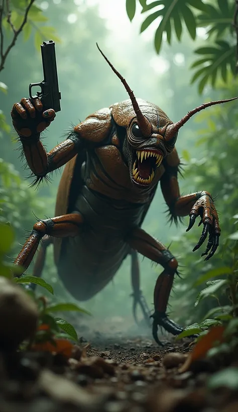 a photograph fantasy creature, an angry giant cockroach holding a pistol in lush forest. jump from the threesRetina, Super Detailed fur, , negative space, 3D Rendering, Fisheye, Column Artistic, Chaos, Cinematic, Character Design, Cinematography, Digital A...