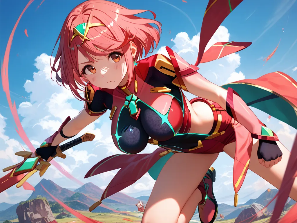 masterpiece, maximum quality, 4k, detailed, pyra attack pose, fighting, ((pyra's two-handed sword)