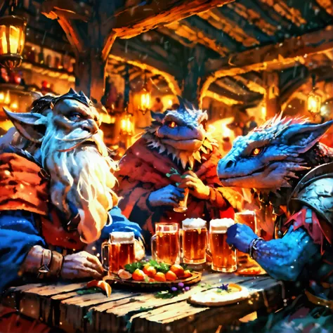 a fantastic scene of a medieval tavern, many people in the scene, people eating, elves, lizardmen, dwarves, humans, various races, fun, drinking and dancing, person dancing on a table, orange light from cozy candles, beer barrels, wooden furniture, perfect...