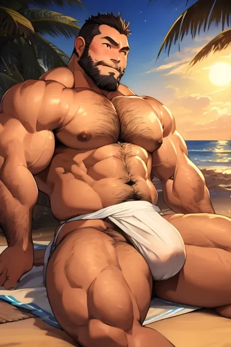 Japanese middle-age male, (full nude, only white fundoshi,) muscular, hairy body, blush, Huge nice bulge, Sitting on the floor, realistic, on the beach, evening 