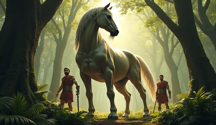 Create an image of a centaur , of Greek mythology in the middle of a dense forest,  and with some Greek soldiers at its feet 