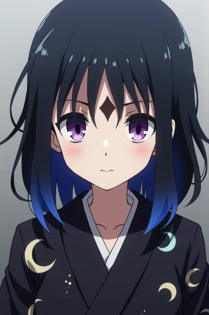 Screenshot of Kimetsu no Yaiba that a girl who had a difficult hood I have difficulty communicating because her hair is black with blue tips and her eyes are purple and her pupils are dark purple she has no expression and has a haori of kimetsu no yaiba in...