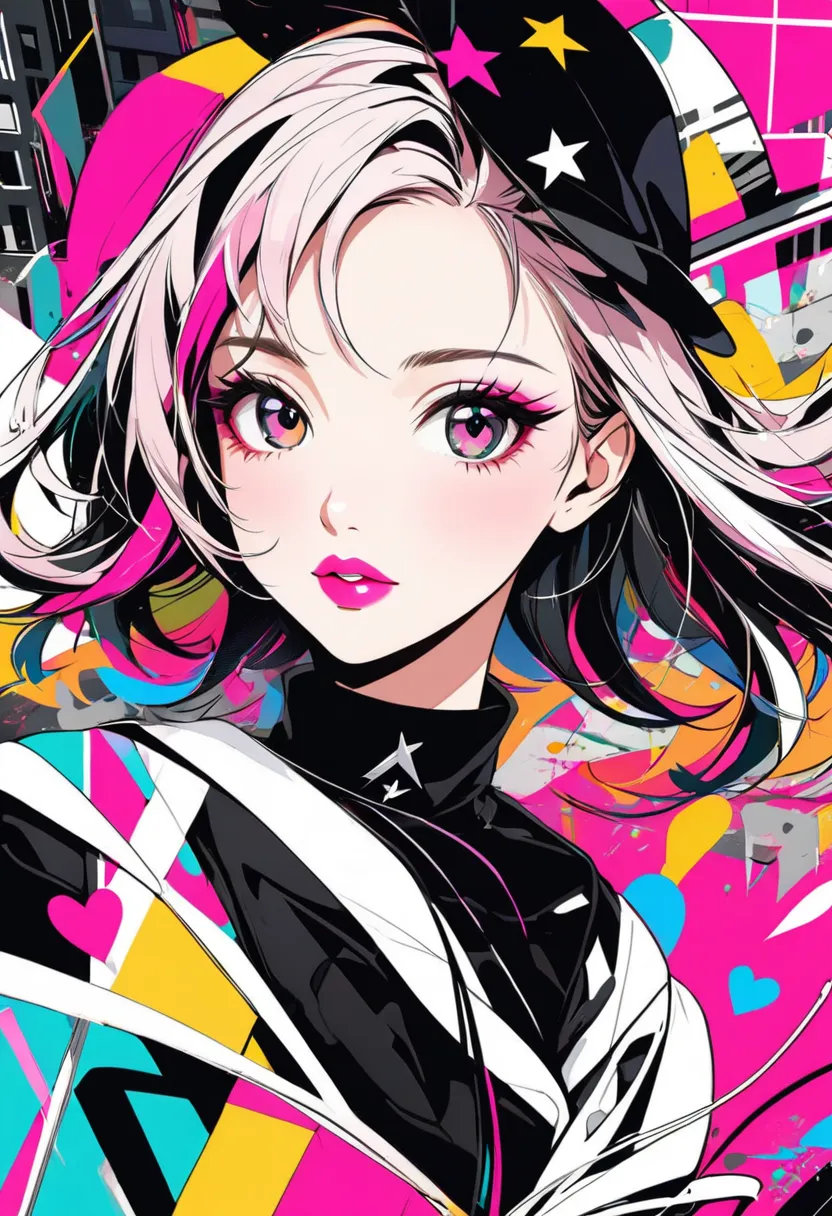 Black Star Pink and White style, Simple Line Initialism，Abstract art，Urban Background, (((The most beautiful girl of all time))), Sweet face. Lips in love, colorful hearts, stylish design