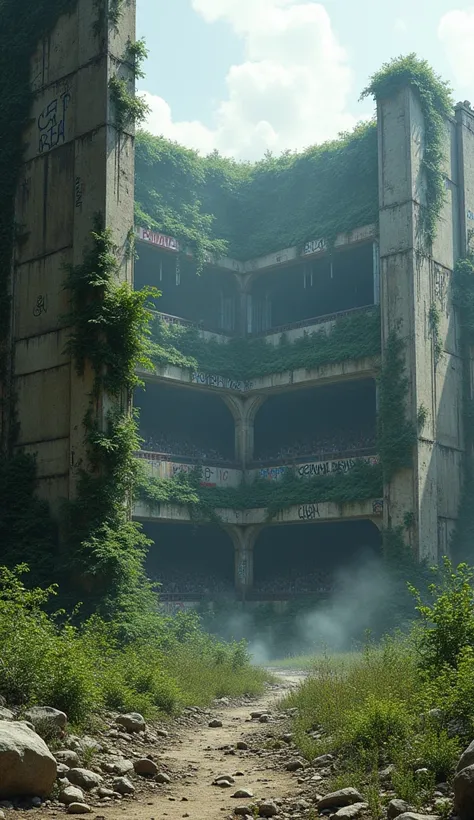 The remains of a grand stadium or skyscraper, half-collapsed and overtaken by vines and graffiti. The scene is desolate, with no sign of progress, reflecting the wasted billions and broken promises.