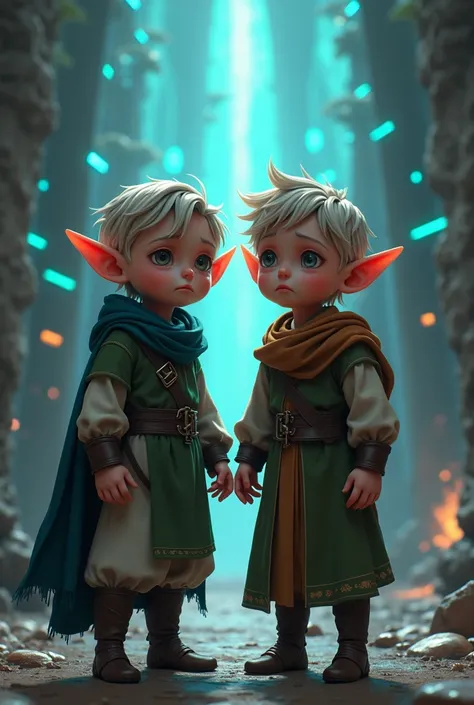 2 small medieval male boy elves in disheveled clothes separated with video game aesthetics looking in front in fear