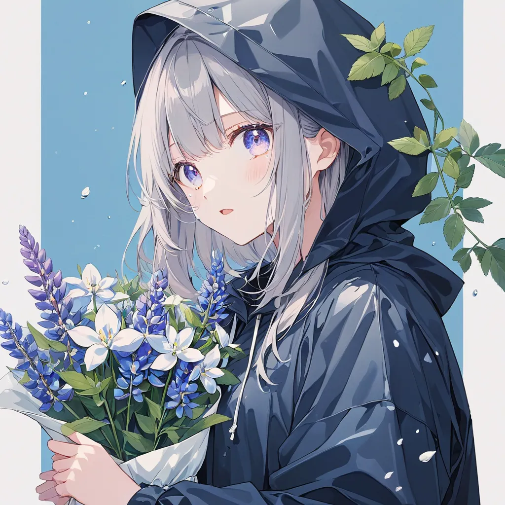 ((pastel))、1 woman, upper body, side angle pointing backwards,Woman holding a bouquet of flowers ,Lupine flowers,Look this way,((Careful depiction)), gradation eyes ,Teary-eyed, open your mouth ,Grey Hair, black hoodie,Raincoat,white,濡れたRaincoat,  navy blue background ,Leaves scatter , Moderate Blur ,Light, strong vignette soft pattern masterpiece,Best Quality,Exquisite,8k, absurd, super detailed illustrations on white paper ,( Viewers )