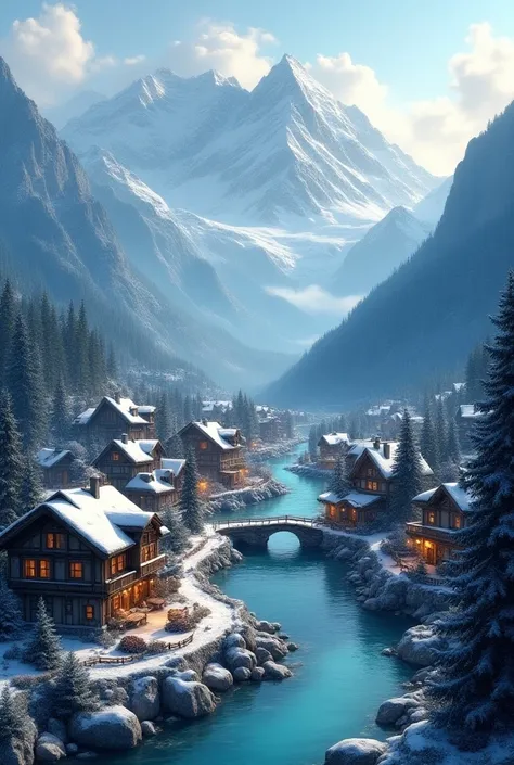 Small village  in valley with  snow mountain backdrop lush green forest river in the middle