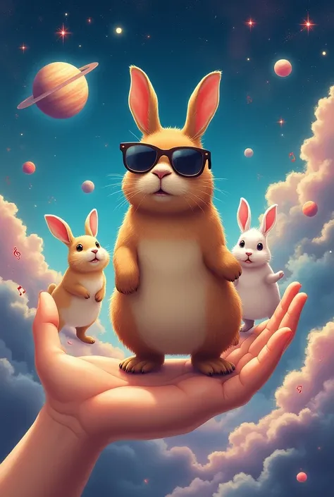  In space、A masterpiece of capybaras wearing cute sunglasses and rabbits dancing happily in one hand,  number々Awards, Best Quality,    high resolution model  ,  poster/ Magazine illustration effects  , Cut-in, Moving lines,  Glitter Effect,  Backlight ,   ...