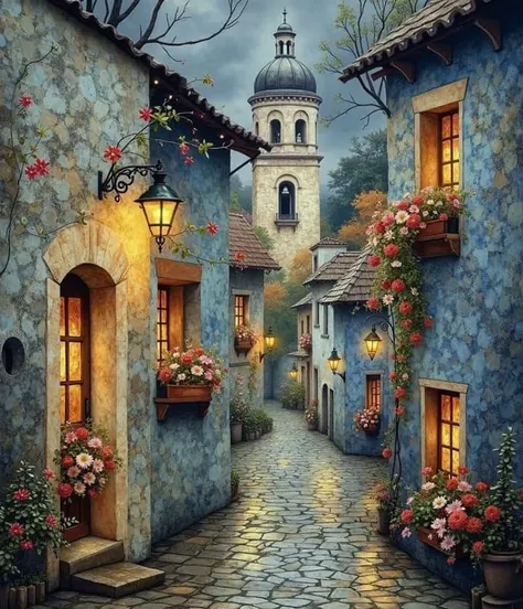 Create an enchanting European village scene with narrow cobblestone streets lined by old stone buildings painted in faded blue. Each building has warm, inviting lights glowing through wooden windows and doors. Vibrant flowers in shades of red, pink, and or...