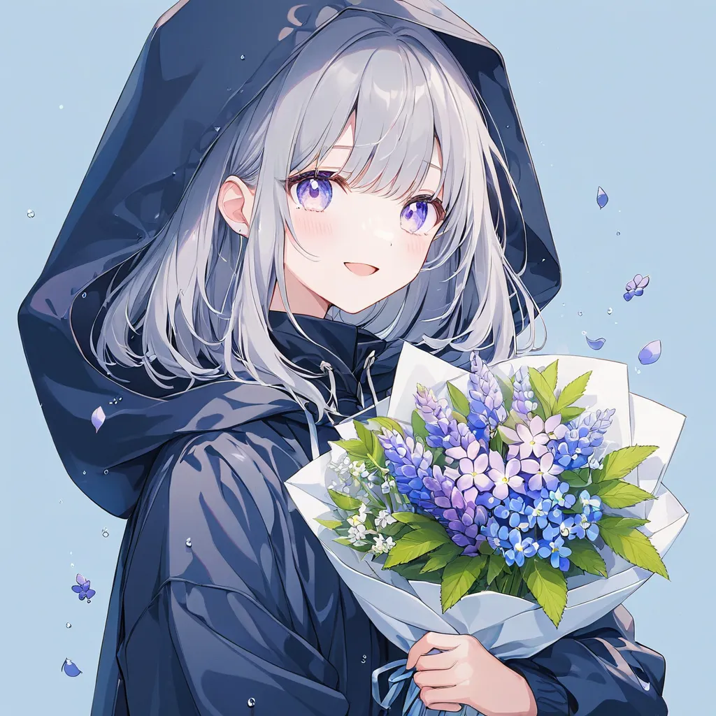 ((pastel))、1 woman, upper body, side angle pointing backwards,Woman holding a bouquet of flowers ,Lupine Flower ,Look this way,((Careful depiction)), gradation eyes ,Teary-eyed,smile, open your mouth ,Grey Hair, black hoodie,Raincoat,white,濡れたRaincoat,  navy blue background ,Leaves scatter , Moderate Blur ,Light, Strong Vignette Soft Pattern Masterpiece,Best Quality,Exquisite,8k, absurd, super detailed illustrations on white paper ,( Viewers )