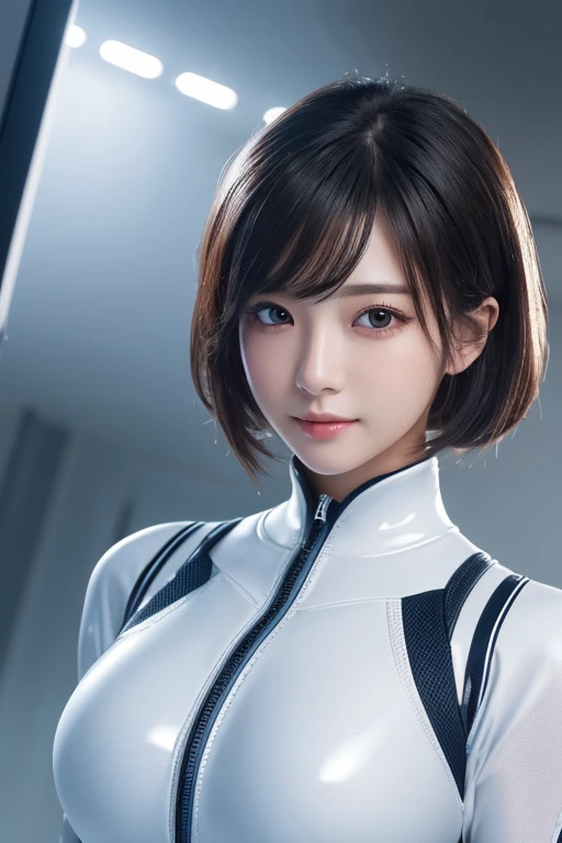 1 woman、Korean、Korean、cyberpunk suit、smooth rubber、tight suit、chest chuck、intricate details、high quality、(upscale:1.4)、Staring at me、ultra realistic 8k、Perfection face、perfection、clean、masterpiece、professional artwork、famous works、Perfection face、beautiful...